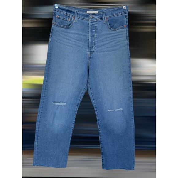 Levi's Ribcage Straight Ankle High-Rise Raw Hem Stretch Blue Jeans Women’s Sz 32 - Picture 3 of 13